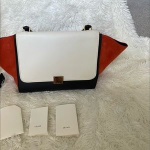 Celine Smooth Calfskin Suede Medium Tri-Color Shoulder Top Handle Bag Trapeze